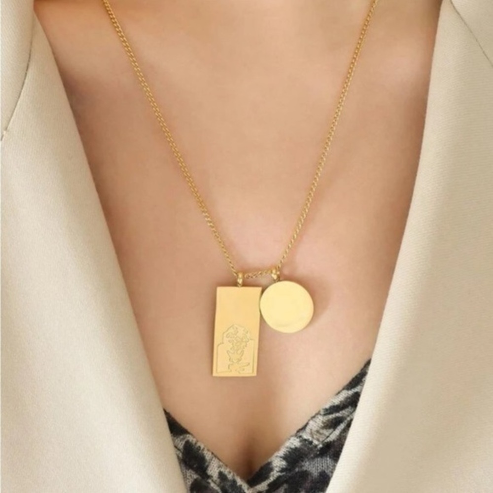 Gold Double Pendant Engraved Necklace